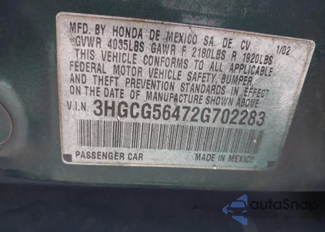 2002 Honda Accord 2.3 Lx из США, поврежденный, VIN 3HGCG56472G702283